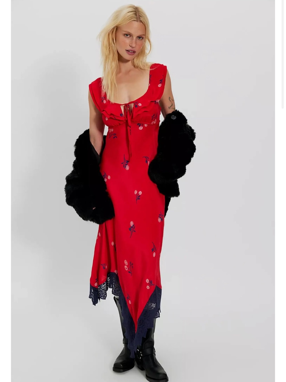 Free People Flock Together Midi Dress Poplin Red Navy Lace Small NWT